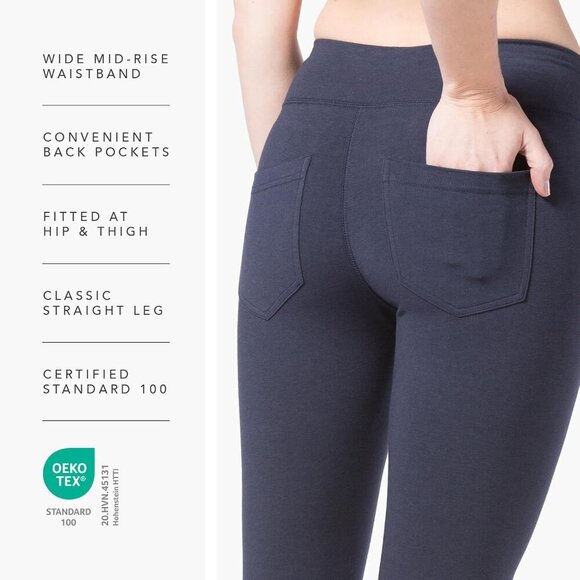 Navy women's ecofabric straight leg yoga pants with back pockets, mid-rise, 35-i - Picture 5 of 6